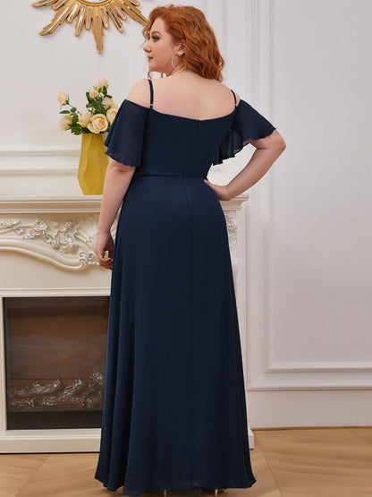 Chiffon Off-The-Shoulder Side Slit Bridesmaid Dress with sleeves #color_Navy Blue 