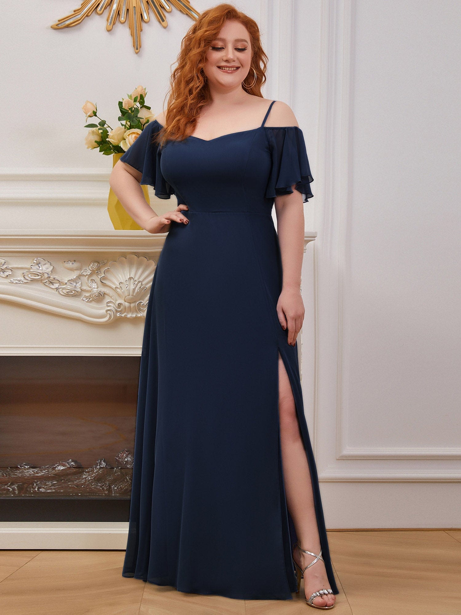 Chiffon Off-The-Shoulder Side Slit Bridesmaid Dress with sleeves #color_Navy Blue 