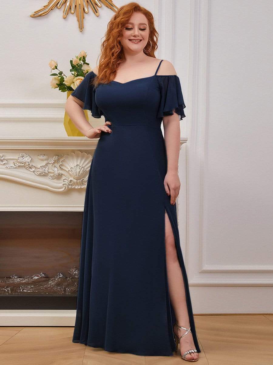 Plus Size Sexy High Slit Long Formal Evening Dresses #color_Navy Blue 