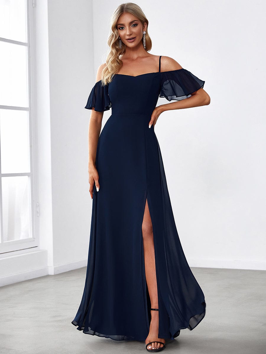 Chiffon Off-The-Shoulder Side Slit Bridesmaid Dress with sleeves #color_Navy Blue 