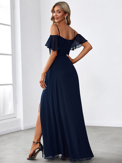 Chiffon Off-The-Shoulder Side Slit Bridesmaid Dress with sleeves #color_Navy Blue 