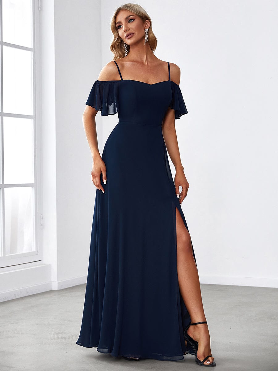 Chiffon Off-The-Shoulder Side Slit Bridesmaid Dress with sleeves #color_Navy Blue 