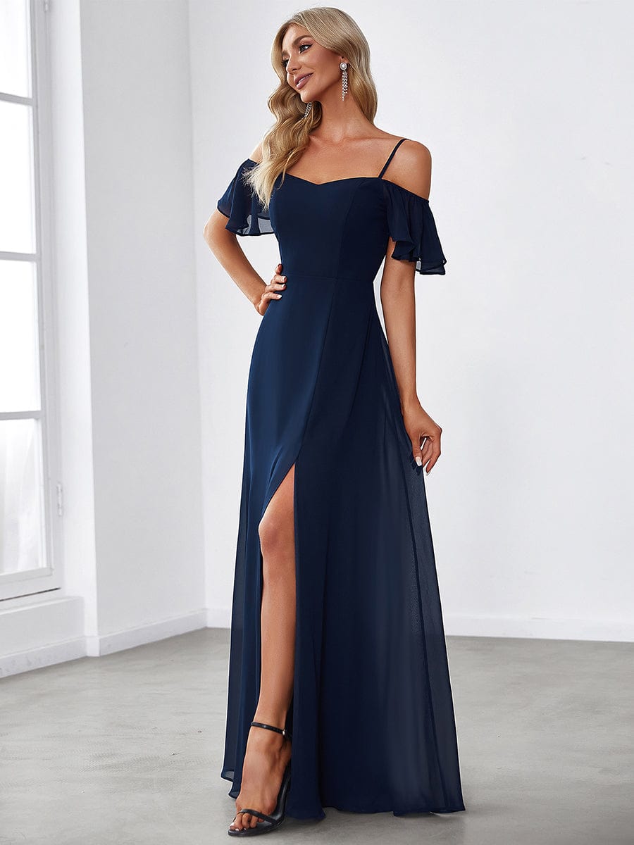 Chiffon Off-The-Shoulder Side Slit Bridesmaid Dress with sleeves #color_Navy Blue 