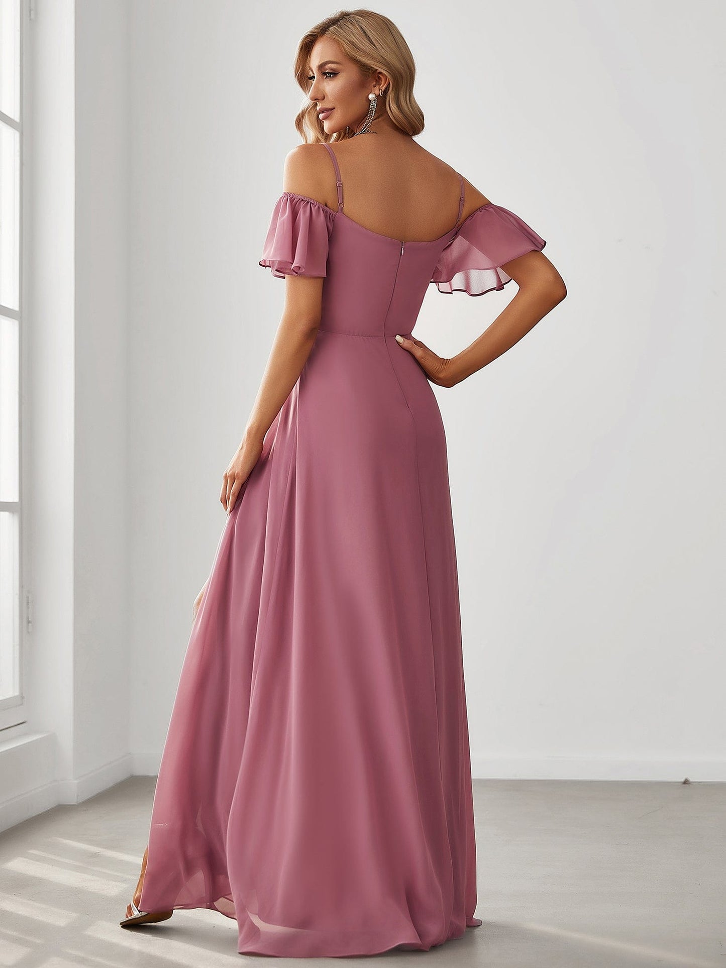 Chiffon Off-The-Shoulder Side Slit Bridesmaid Dress with sleeves #color_Purple Orchid 