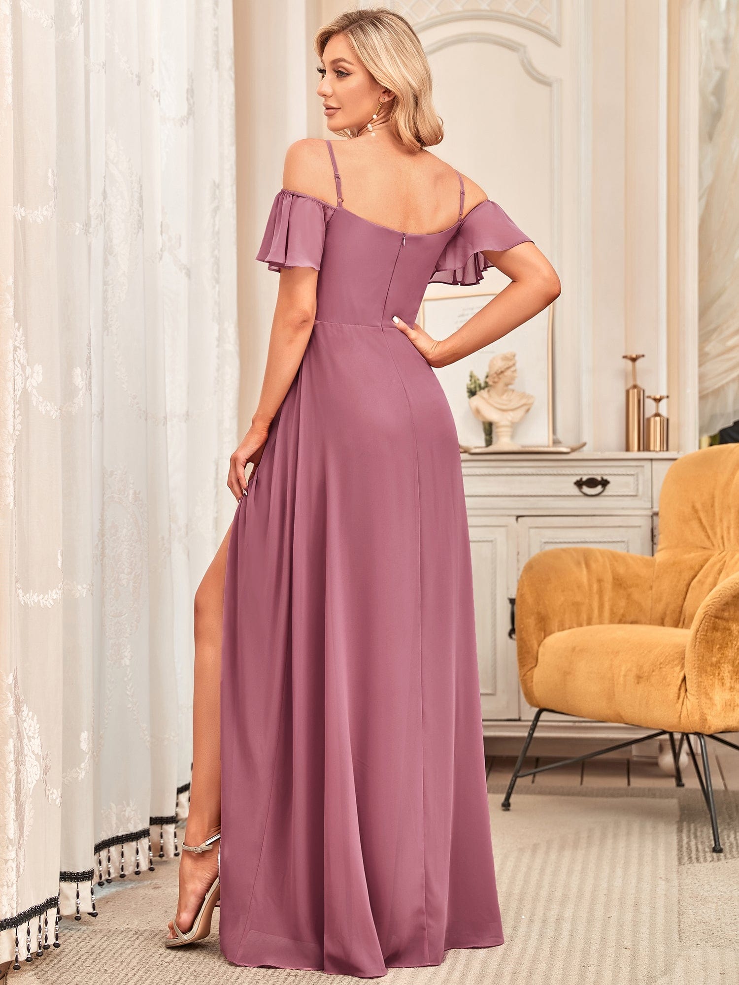 Chiffon Off-The-Shoulder Side Slit Bridesmaid Dress with sleeves #color_Purple Orchid 