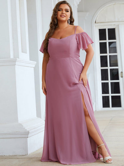 Chiffon Off-The-Shoulder Side Slit Bridesmaid Dress with sleeves #color_Purple Orchid 