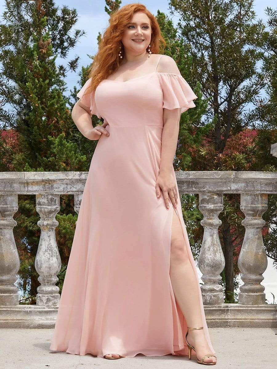 Plus Size Cold Shoulder Formal Bridesmaid Dress with Side Slit #color_Pink 