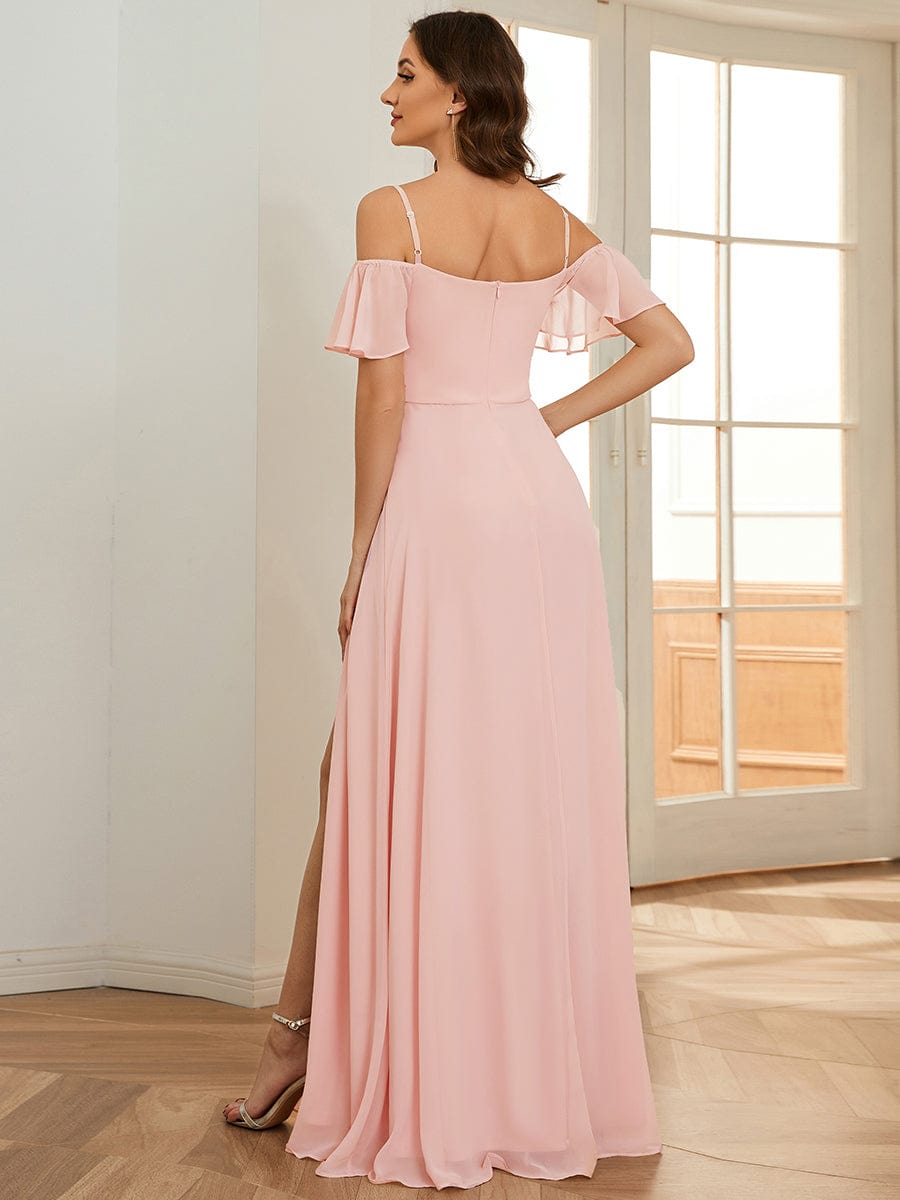 Chiffon Off-The-Shoulder Side Slit Bridesmaid Dress with sleeves #color_Pink