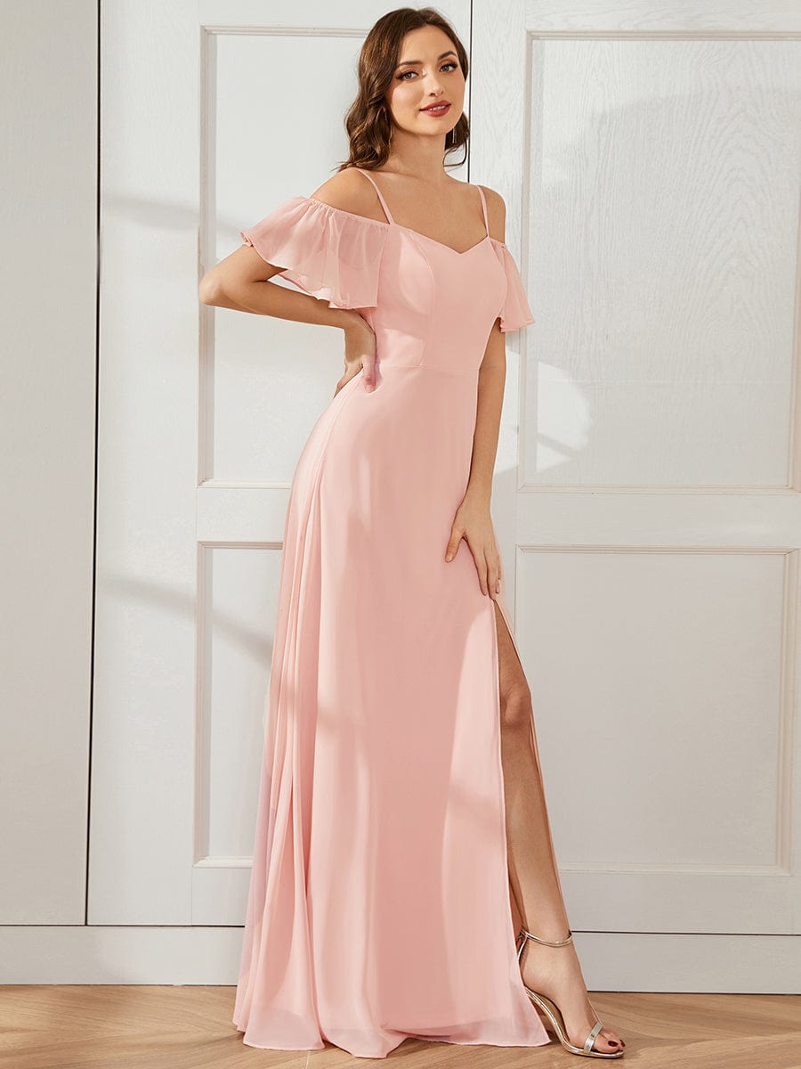 Stylish Cold Shoulder Flare Sleeves Flowy Bridesmaid Dress #color_Pink