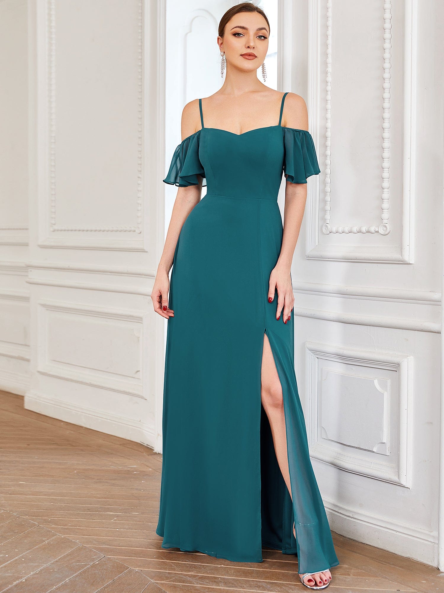 Chiffon Off-The-Shoulder Side Slit Bridesmaid Dress with sleeves #color_Teal 