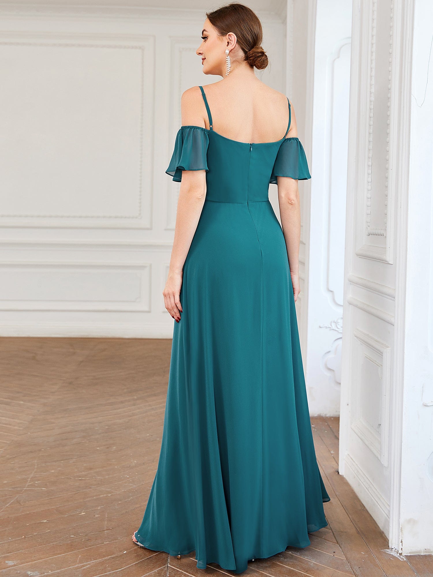 Chiffon Off-The-Shoulder Side Slit Bridesmaid Dress with sleeves #color_Teal 