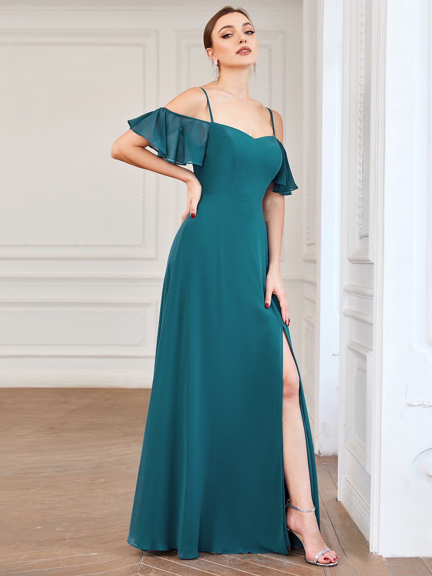 Chiffon Off-The-Shoulder Side Slit Bridesmaid Dress with sleeves #color_Teal 