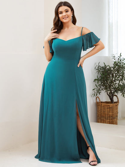 Chiffon Off-The-Shoulder Side Slit Bridesmaid Dress with sleeves #color_Teal 