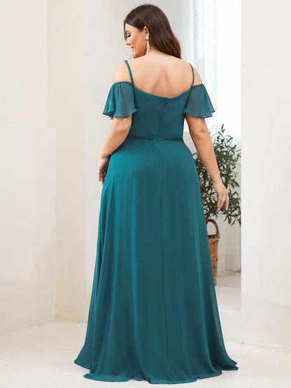 Chiffon Off-The-Shoulder Side Slit Bridesmaid Dress with sleeves #color_Teal 