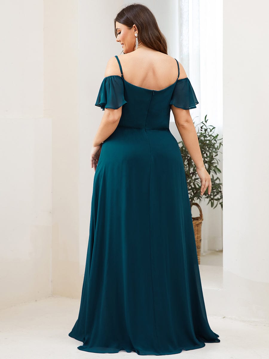 Plus Size Cold Shoulder Formal Bridesmaid Dress with Side Slit #color_Teal 