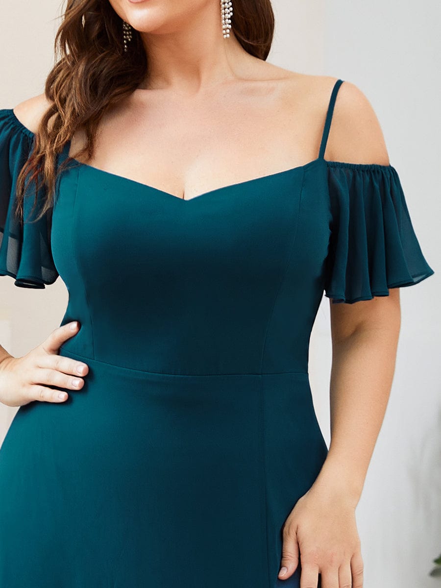 Plus Size Cold Shoulder Formal Bridesmaid Dress with Side Slit #color_Teal 