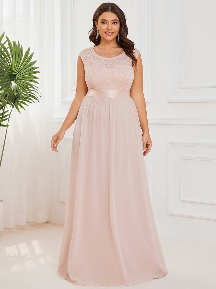 Custom Size Classic Round Neck V Back Lace Bodice Bridesmaid Dress #color_Blush