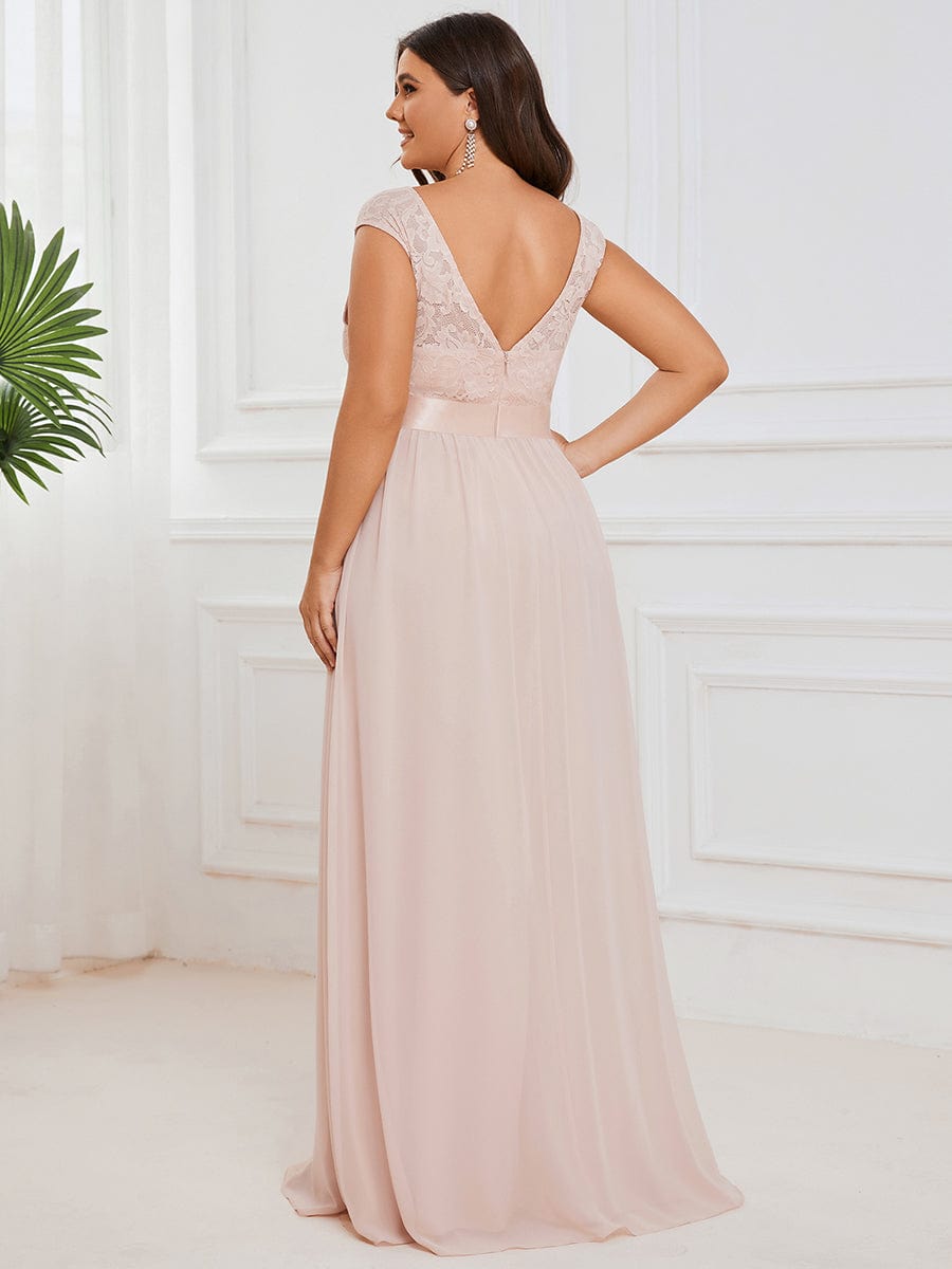 Custom Size Classic Round Neck V Back Lace Bodice Bridesmaid Dress #color_Blush