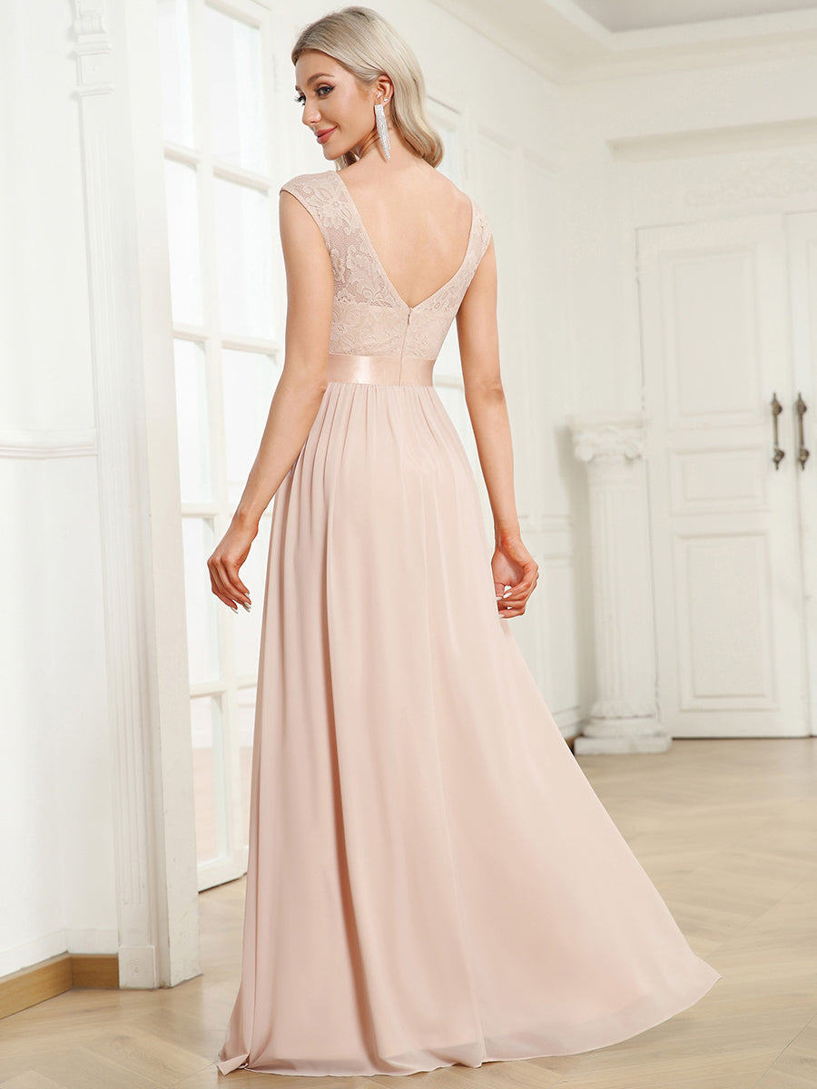 Color=Blush | Wholesale V Back Belted Lace & Chiffon Bridesmaid Dresses-Blush 1