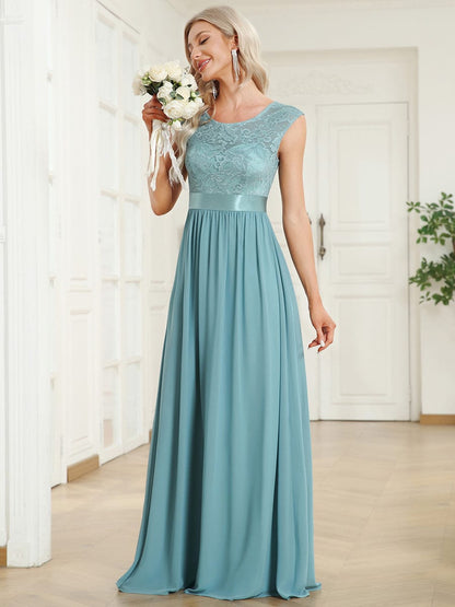 Classic Round Neck Backless Lace Bodice Bridesmaid Dress #color_Dusty Blue 