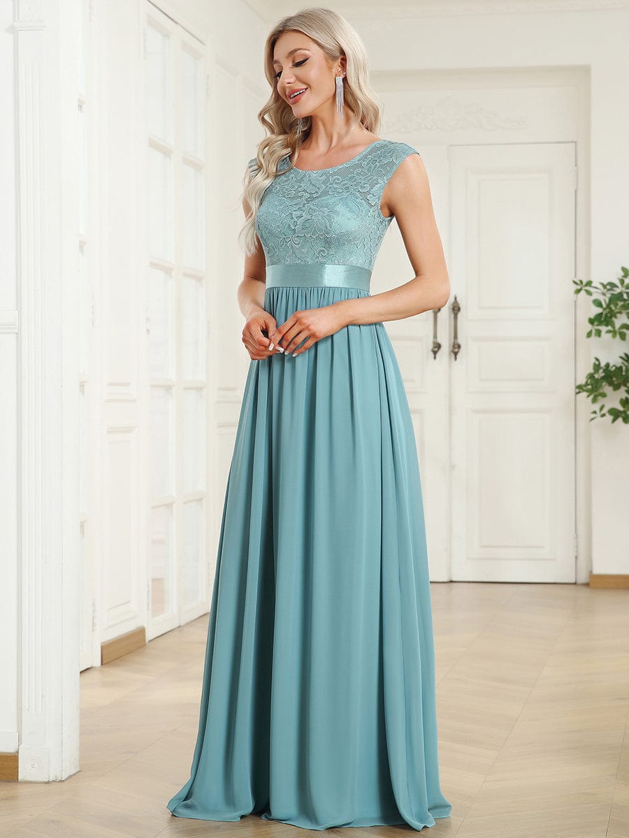 Classic Round Neck Backless Lace Bodice Bridesmaid Dress #color_Dusty Blue 