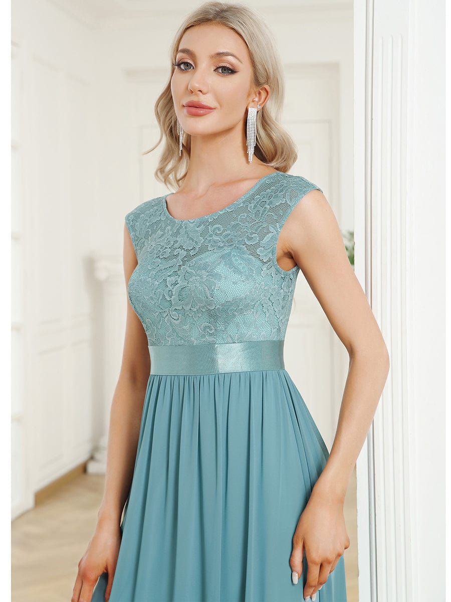 Classic Round Neck Backless Lace Bodice Bridesmaid Dress #color_Dusty Blue 