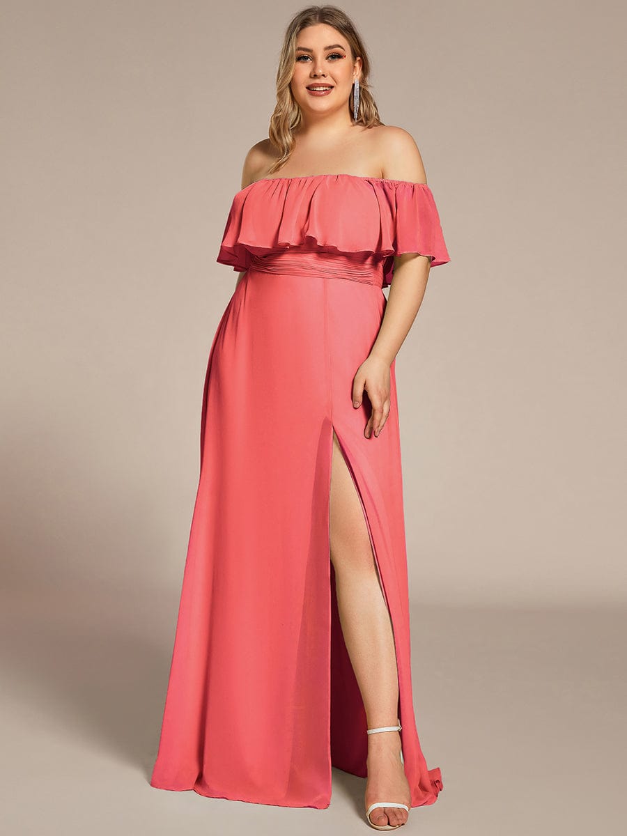 Custom Size Chiffon Ruffle Off Shoulder Thigh Split Bridesmaid Dresses #color_Coral