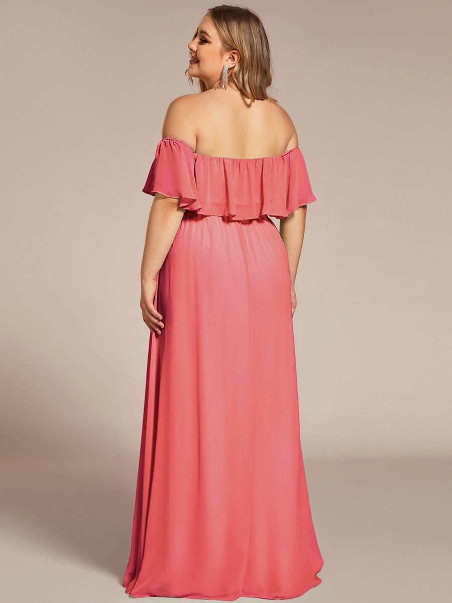 Custom Size Chiffon Ruffle Off Shoulder Thigh Split Bridesmaid Dresses #color_Coral