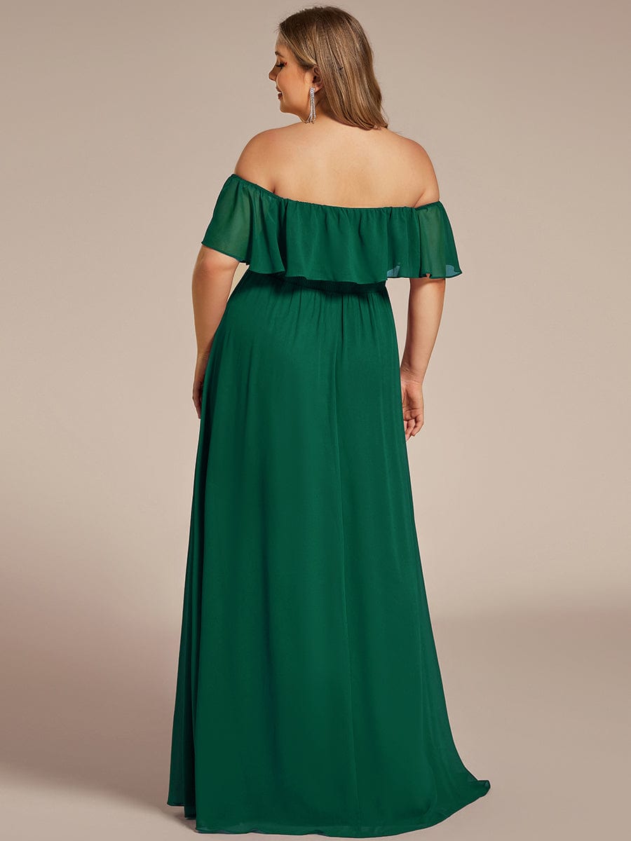 Women's Off Shoulder Ruffle Thigh Split Bridesmaid Dresses #Color_Dark Green