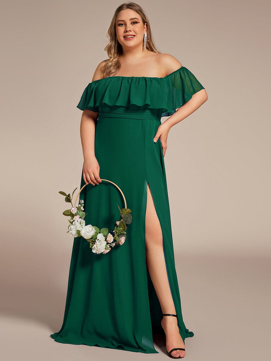 Women's Off Shoulder Ruffle Thigh Split Bridesmaid Dresses #Color_Dark Green