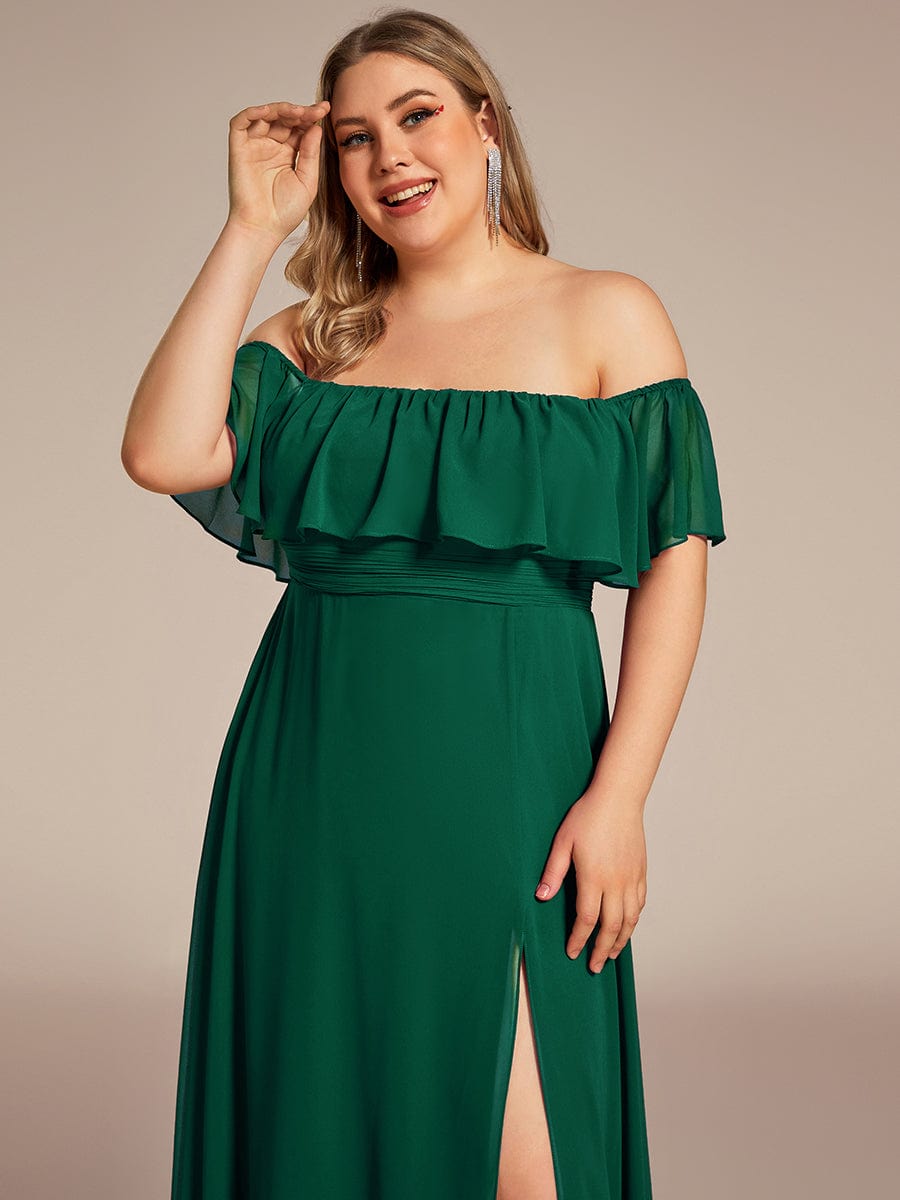 Women's Off Shoulder Ruffle Thigh Split Bridesmaid Dresses #Color_Dark Green