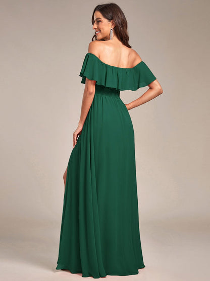 Women's Off Shoulder Ruffle Thigh Split Bridesmaid Dresses #Color_Dark Green