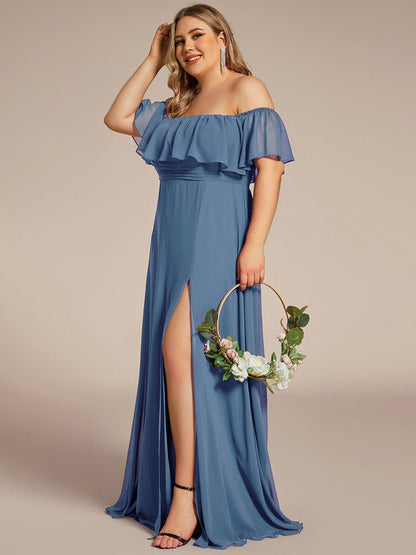 Custom Size Chiffon Ruffle Off Shoulder Thigh Split Bridesmaid Dresses #color_Dusty Navy