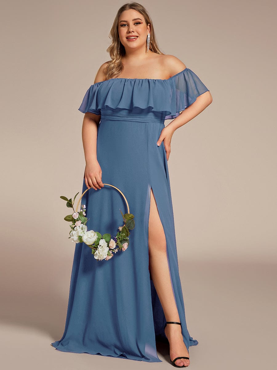 Custom Size Chiffon Ruffle Off Shoulder Thigh Split Bridesmaid Dresses #color_Dusty Navy