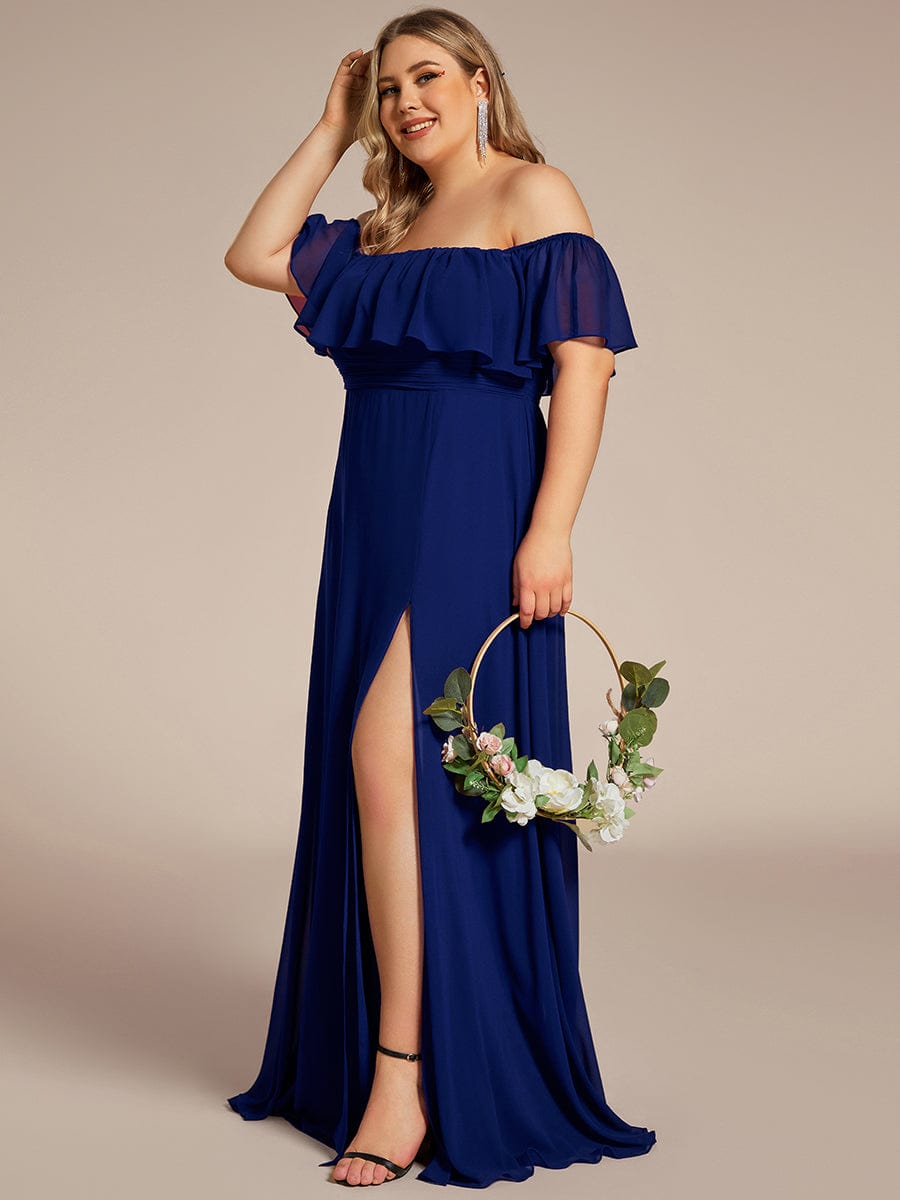 Custom Size Chiffon Ruffle Off Shoulder Thigh Split Bridesmaid Dresses #color_Royal Blue