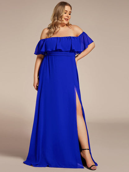 Custom Size Chiffon Ruffle Off Shoulder Thigh Split Bridesmaid Dresses #color_Sapphire Blue