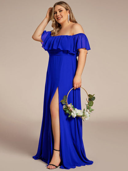 Custom Size Chiffon Ruffle Off Shoulder Thigh Split Bridesmaid Dresses #color_Sapphire Blue