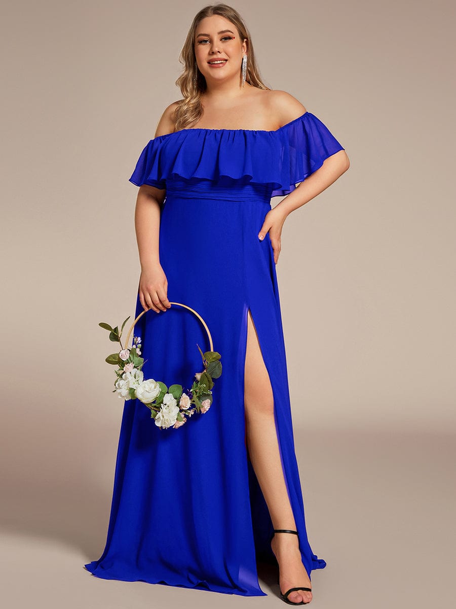 Custom Size Chiffon Ruffle Off Shoulder Thigh Split Bridesmaid Dresses #color_Sapphire Blue