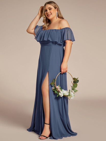 Custom Size Chiffon Ruffle Off Shoulder Thigh Split Bridesmaid Dresses #color_Stormy