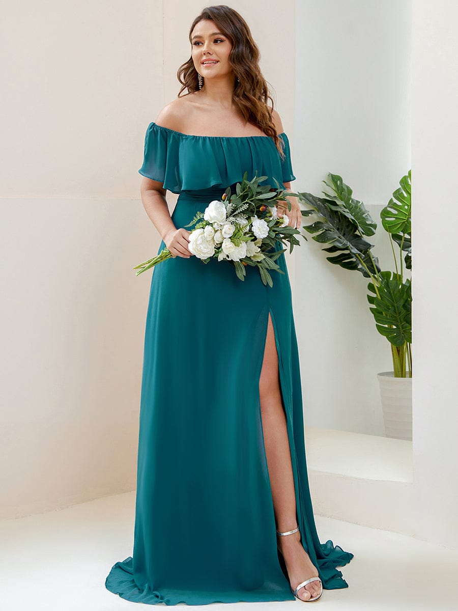 Plus Size Sexy Side Split Long Chiffon Formal Dresses #Color_Teal