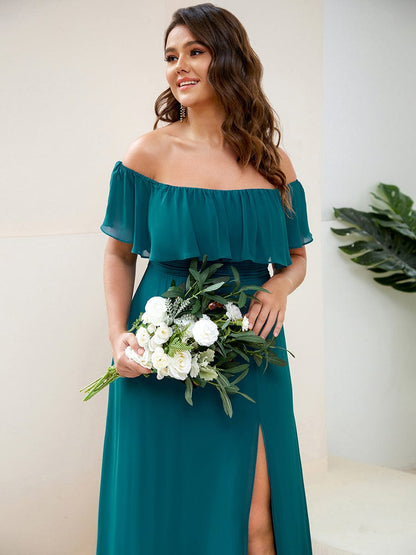 Custom Size Chiffon Ruffle Off Shoulder Thigh Split Bridesmaid Dresses #color_Teal