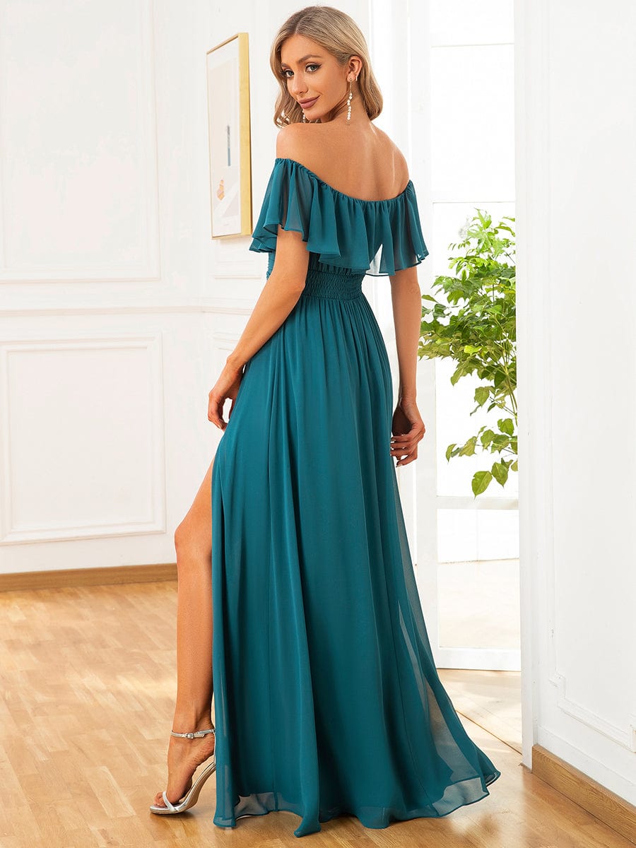 Ruffle Off-Shoulder Side Slit Long Chiffon Bridesmaid Dress #Color_Teal