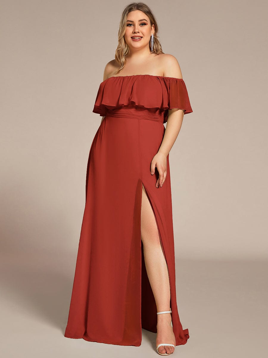 Custom Size Chiffon Ruffle Off Shoulder Thigh Split Bridesmaid Dresses #color_Vermilion