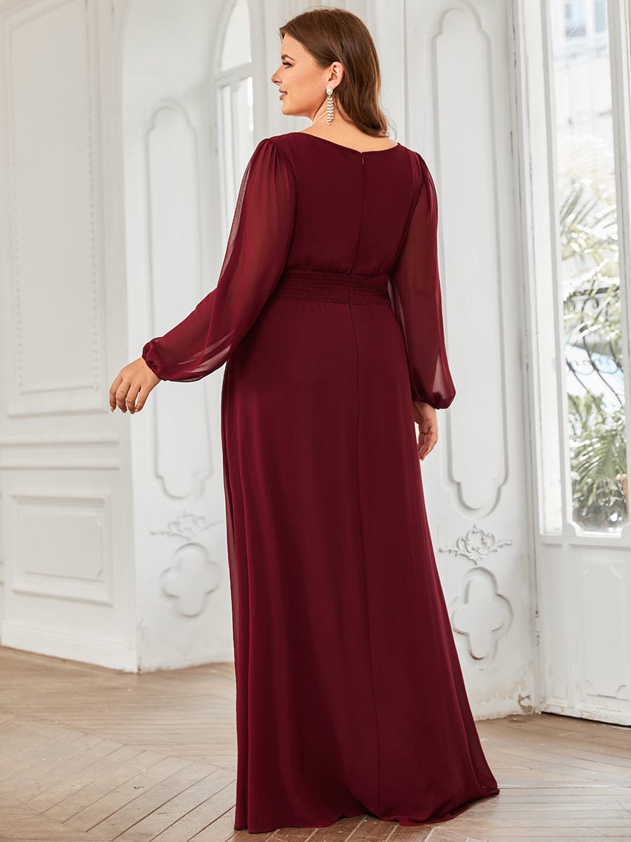 Custom Size See-Througth Puff Sleeve Chiffon Bridesmaid Dress #color_Burgundy