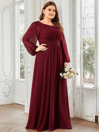 See-Througth Puff Sleeve Chiffon Plus Size Bridesmaid Dress #color_Burgundy