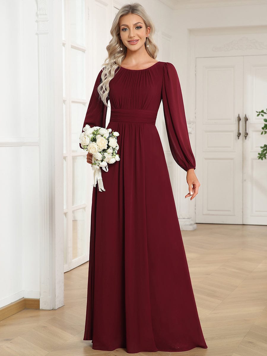 Chiffon High Empire Waist Puff Sleeve Bridesmaid Dress #color_Burgundy