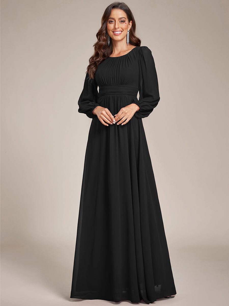 Chiffon High Empire Waist Puff Sleeve Bridesmaid Dress #color_Black