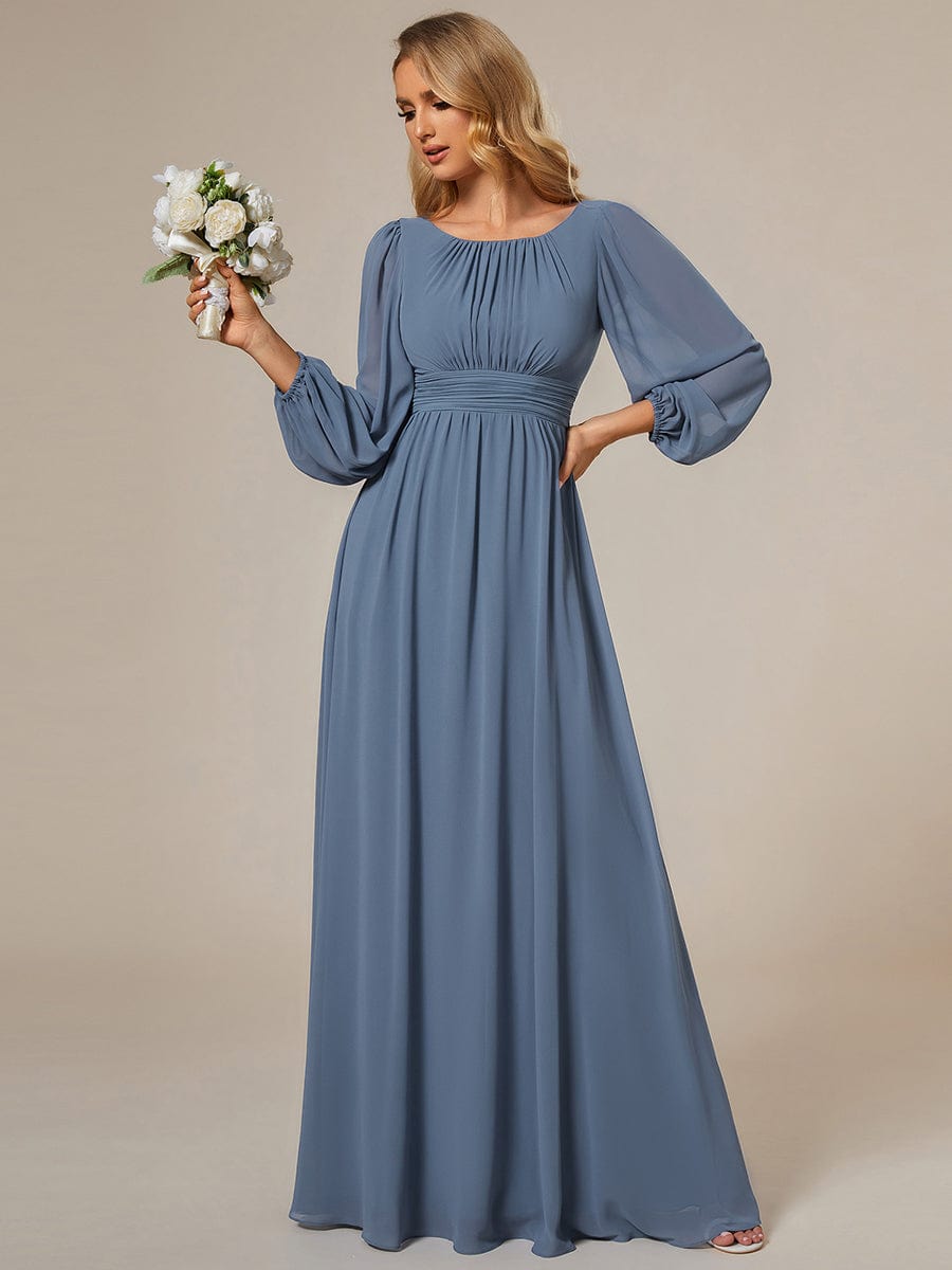 Chiffon High Empire Waist Puff Sleeve Bridesmaid Dress #color_Dusty Navy