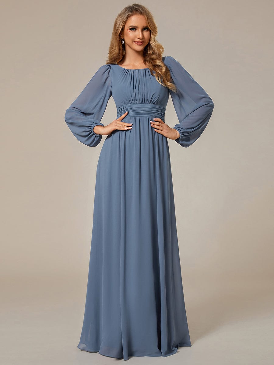 Chiffon High Empire Waist Puff Sleeve Bridesmaid Dress #color_Dusty Navy