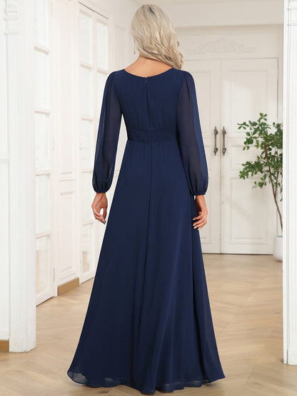 Chiffon High Empire Waist Puff Sleeve Bridesmaid Dress #color_Navy Blue